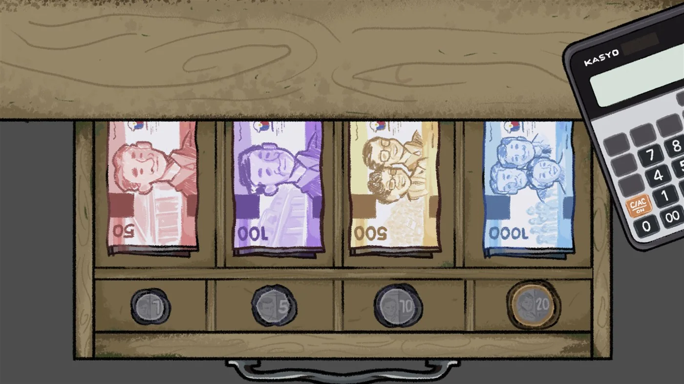 Narinig Mo Ba game cash drawer with Philippine peso bills and coins beside a calculator for making change