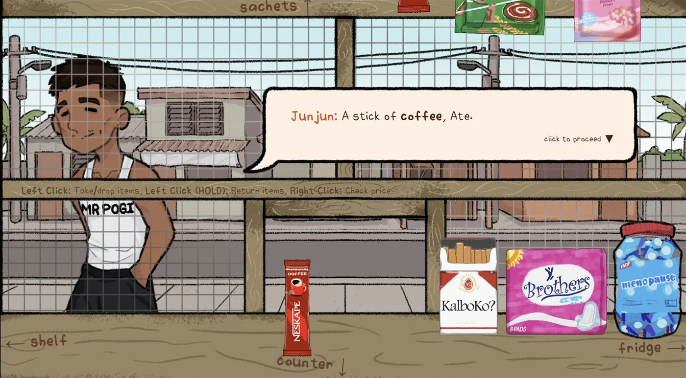 JunJun asking for a stick of coffee at the counter in Narinig Mo Ba game while the coffee sachet is selected