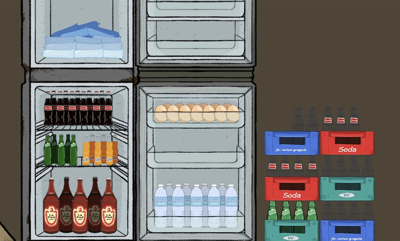 Narinig Mo Ba game refrigerator stocked with ice, soda, juice, beer, eggs, water, and drink crates