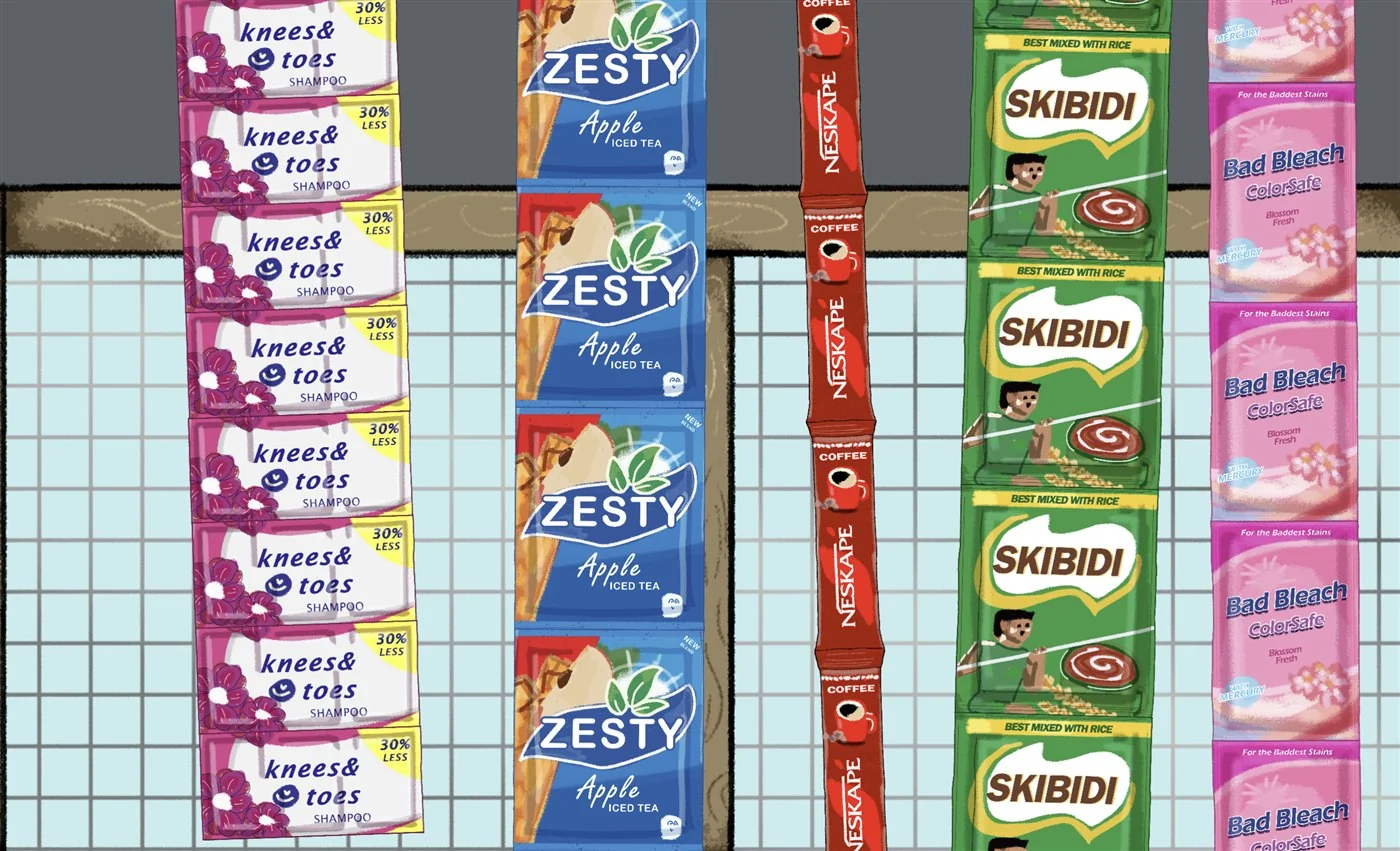Narinig Mo Ba game shelf with shampoo, apple iced tea, coffee sticks, rice seasoning, and bleach sachets