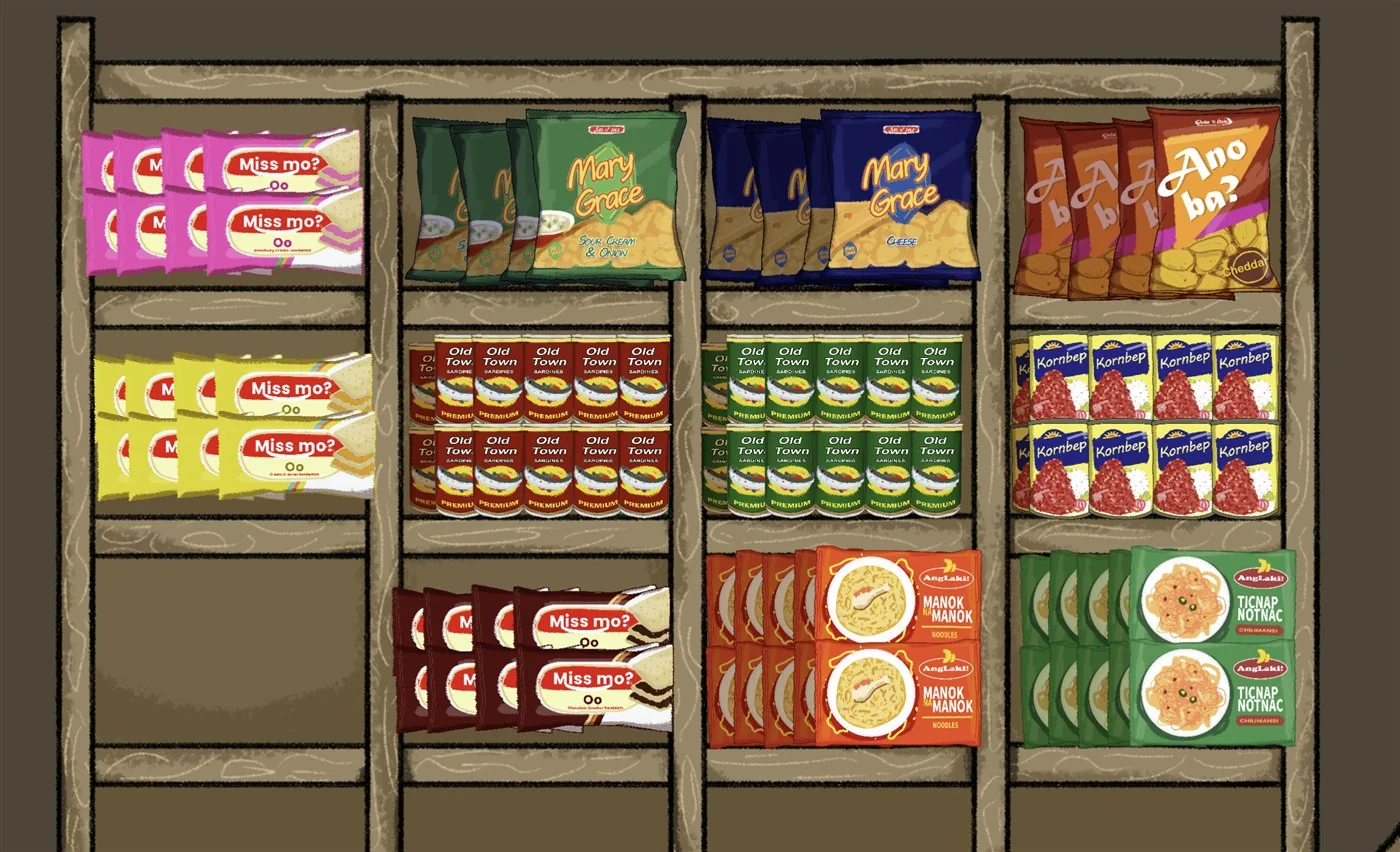 Narinig Mo Ba game wooden shelf stocked with chips, biscuits, sardines, canned meat, and instant noodles